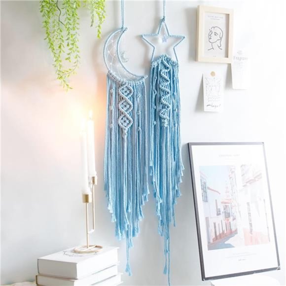 2pcs Blue Star and Moon Dream Catchers,Teen Girl Room Decor,Macrame Wall Hanging - Picture 2 of 6